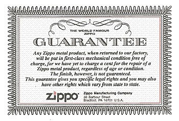 Zippo Lifetime Guarantee, �ץͧK�O�O�T